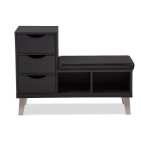 Baxton Studio B-001-Espresso Arielle 3-drawer Shoe Storage Padded Leatherette Seating Bench with Two Open Shelves